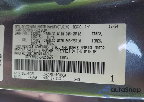 2025 Toyota Tundra Sr from USA, damaged, VIN 5TFKB5DB3SX253688